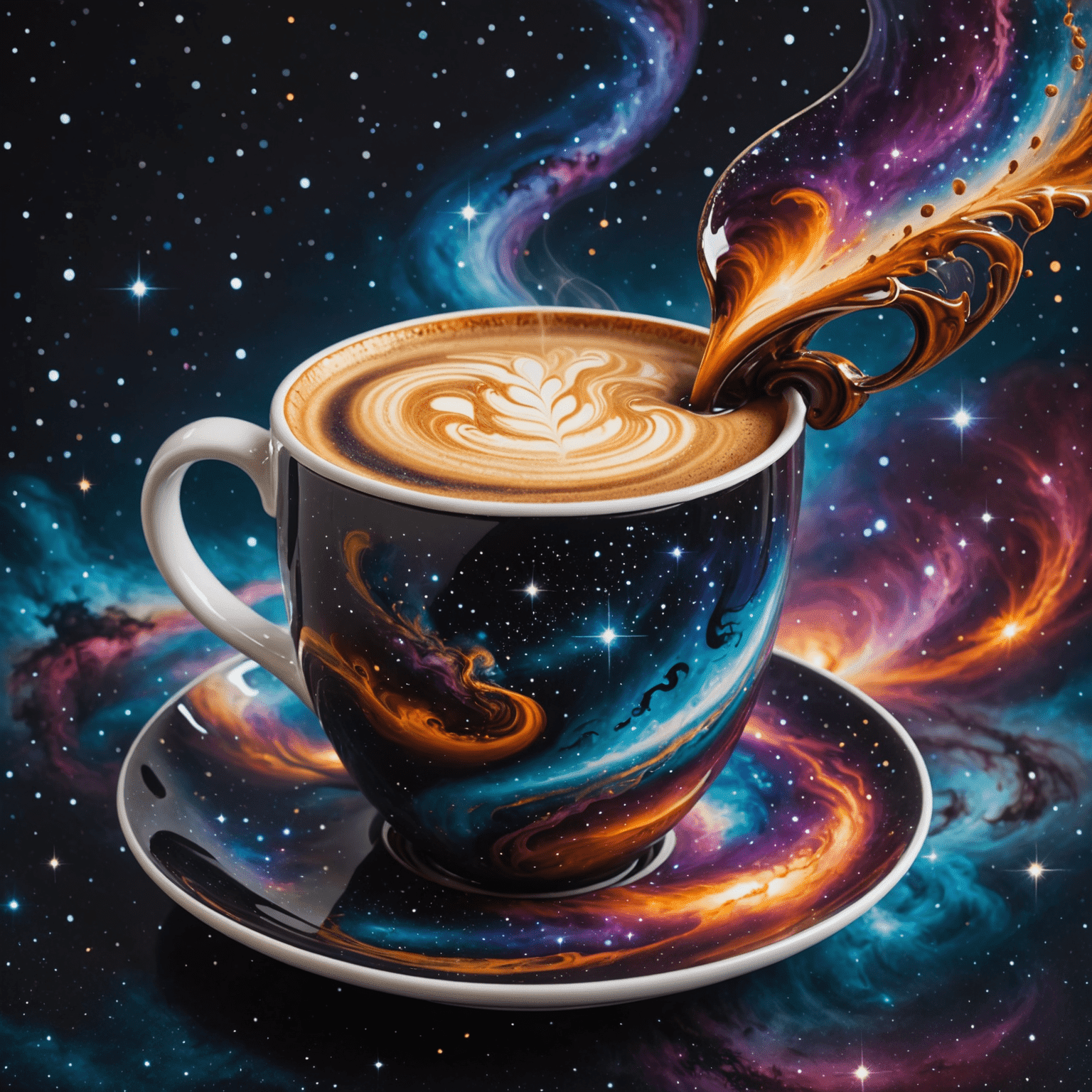 A swirling galaxy pattern in the shape of a coffee cup, with stars and nebulae forming the steam. The cup is filled with a rich, dark liquid that resembles both coffee and the depths of space.