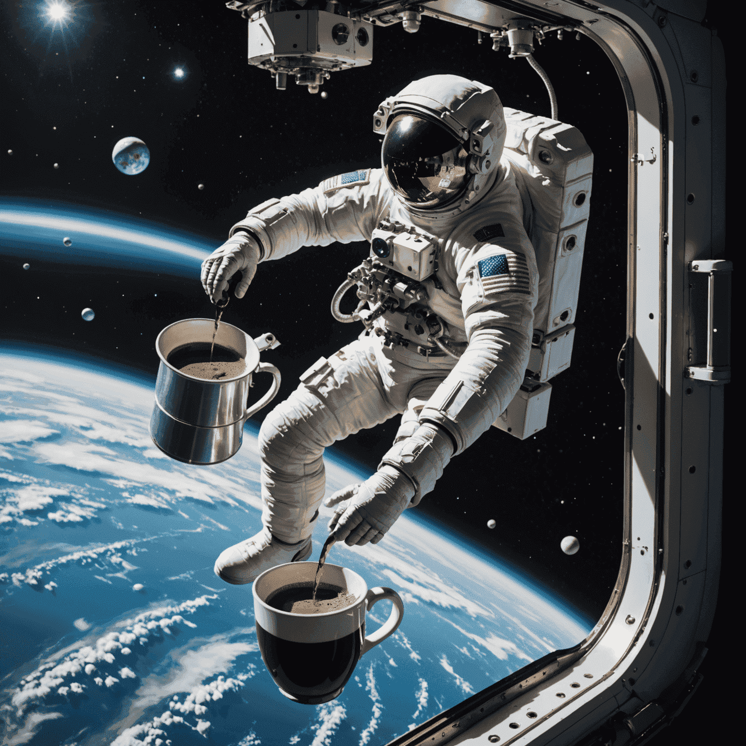 An astronaut floating in zero gravity, carefully pouring hot water over a specialized coffee dripper attached to a space station wall. Coffee droplets are suspended in mid-air, forming small spheres. Earth is visible through a nearby window.