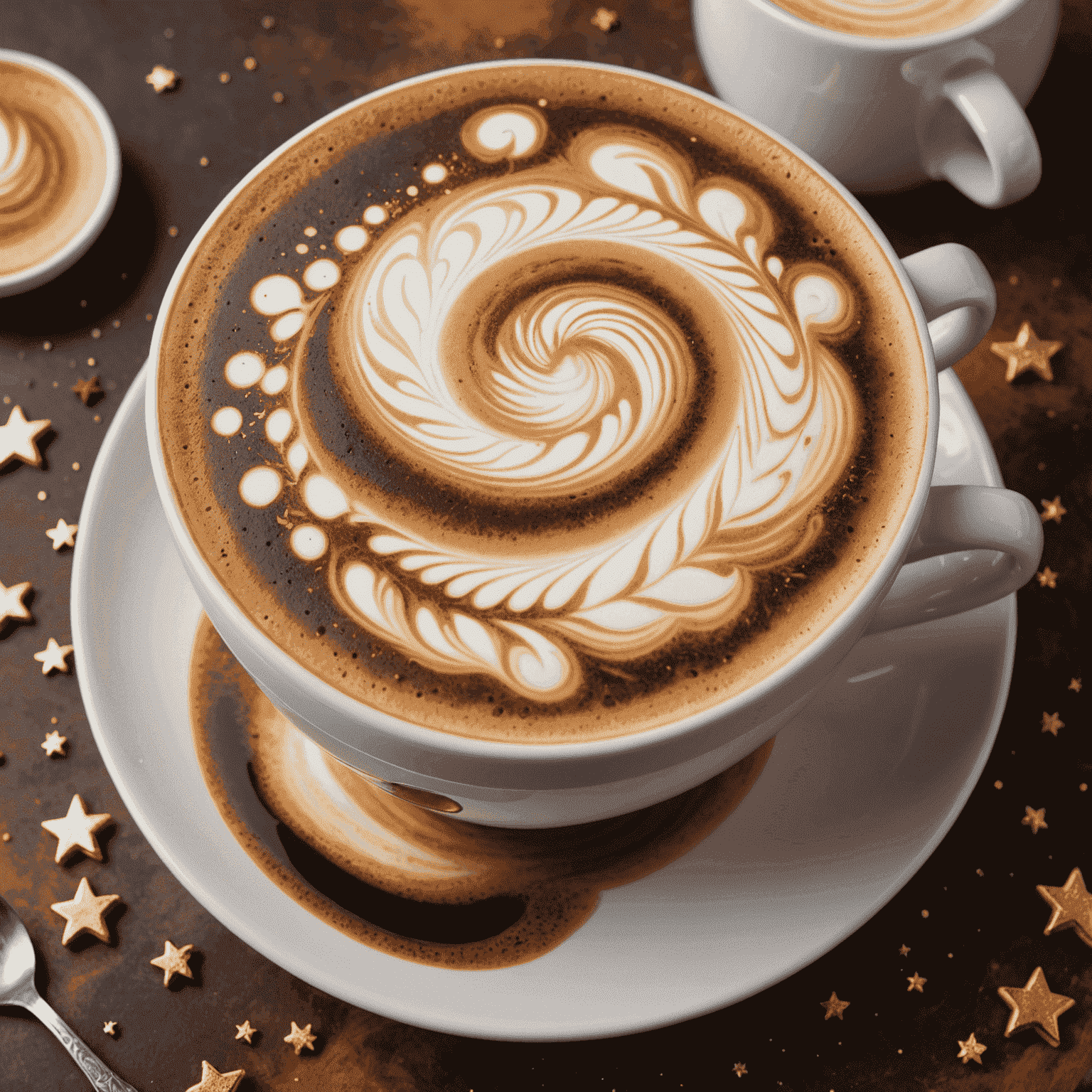 A swirling galaxy of milk foam atop a rich espresso, creating a stunning nebula-inspired latte art design. The cosmic pattern features intricate details of stars, gas clouds, and spiral arms, all crafted with precision using different shades of coffee and milk.