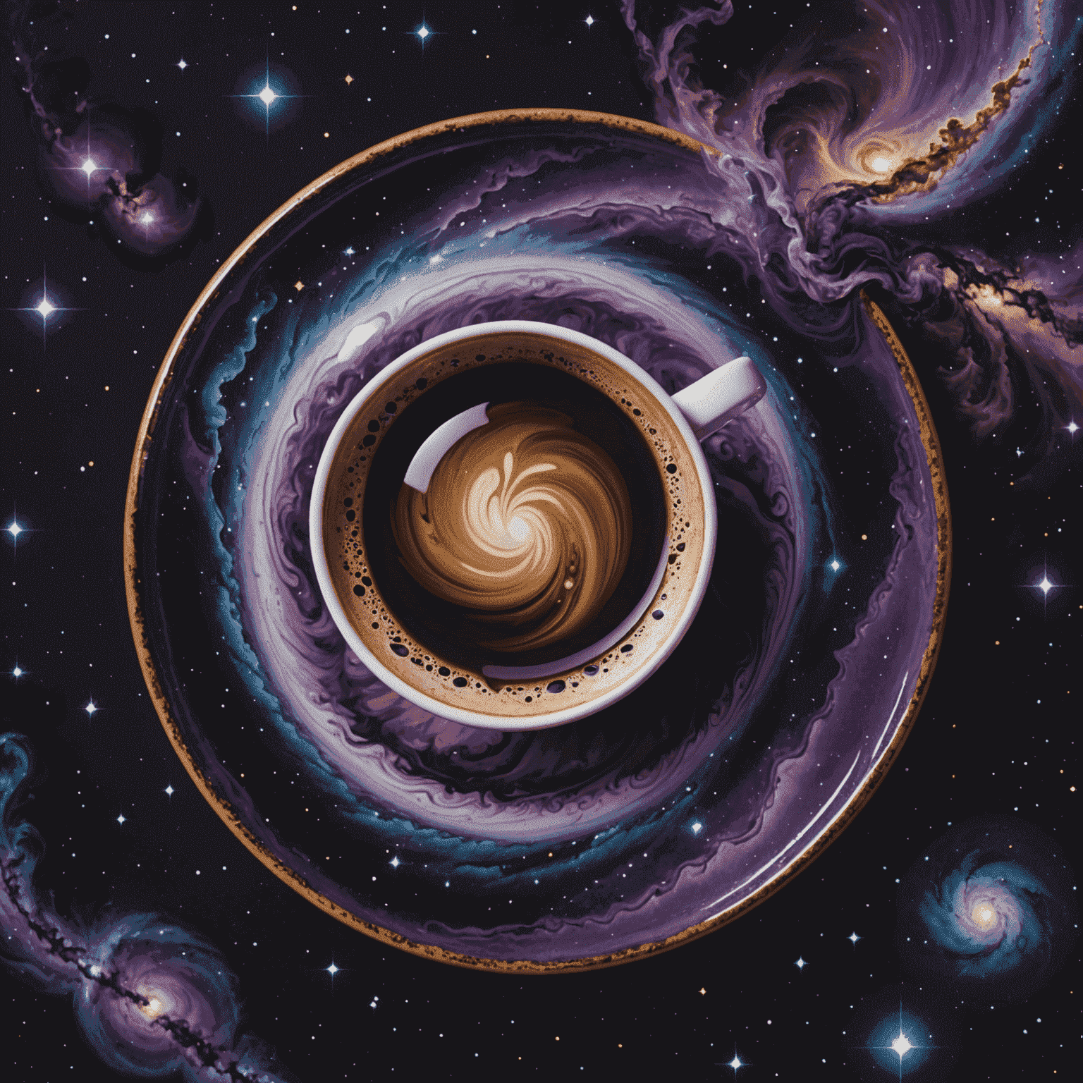 A swirling dark coffee blend with hints of purple and blue, resembling a cosmic nebula