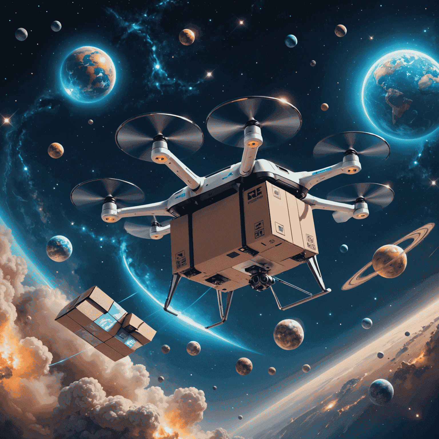 A futuristic delivery drone carrying a coffee package, flying through a starry sky with planets and nebulae in the background. The drone has sleek, silver design with glowing blue accents.