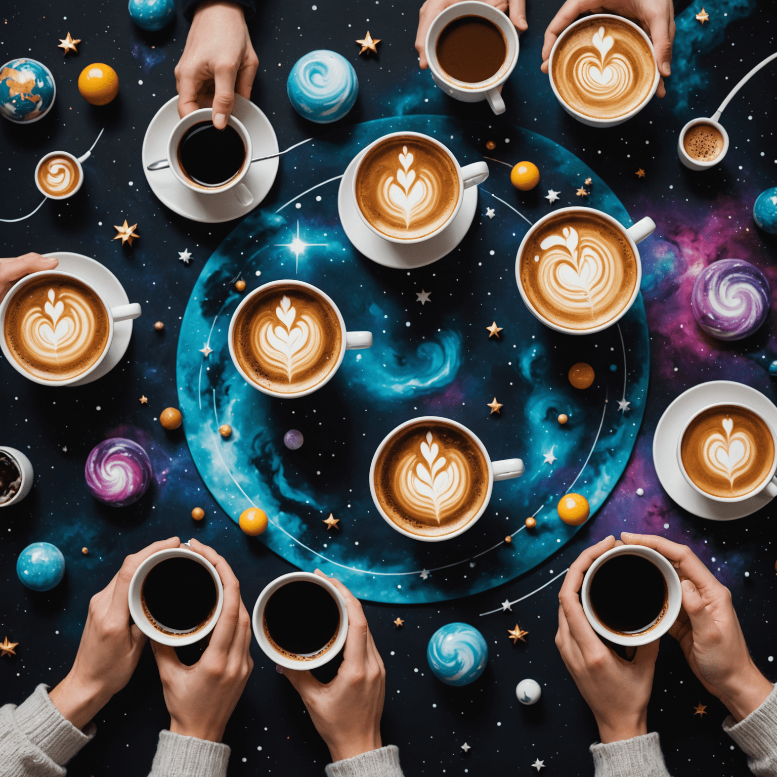 A cosmic-themed virtual coffee tasting setup with floating coffee cups, swirling galaxy patterns, and a video call interface showing diverse participants enjoying coffee