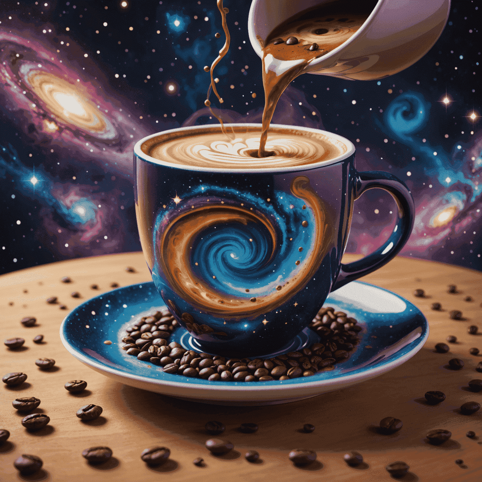 Interactive coffee creator interface showing a 3D rendered cosmic coffee cup with swirling galaxy patterns on its surface, surrounded by floating star-shaped coffee beans and nebula-like steam
