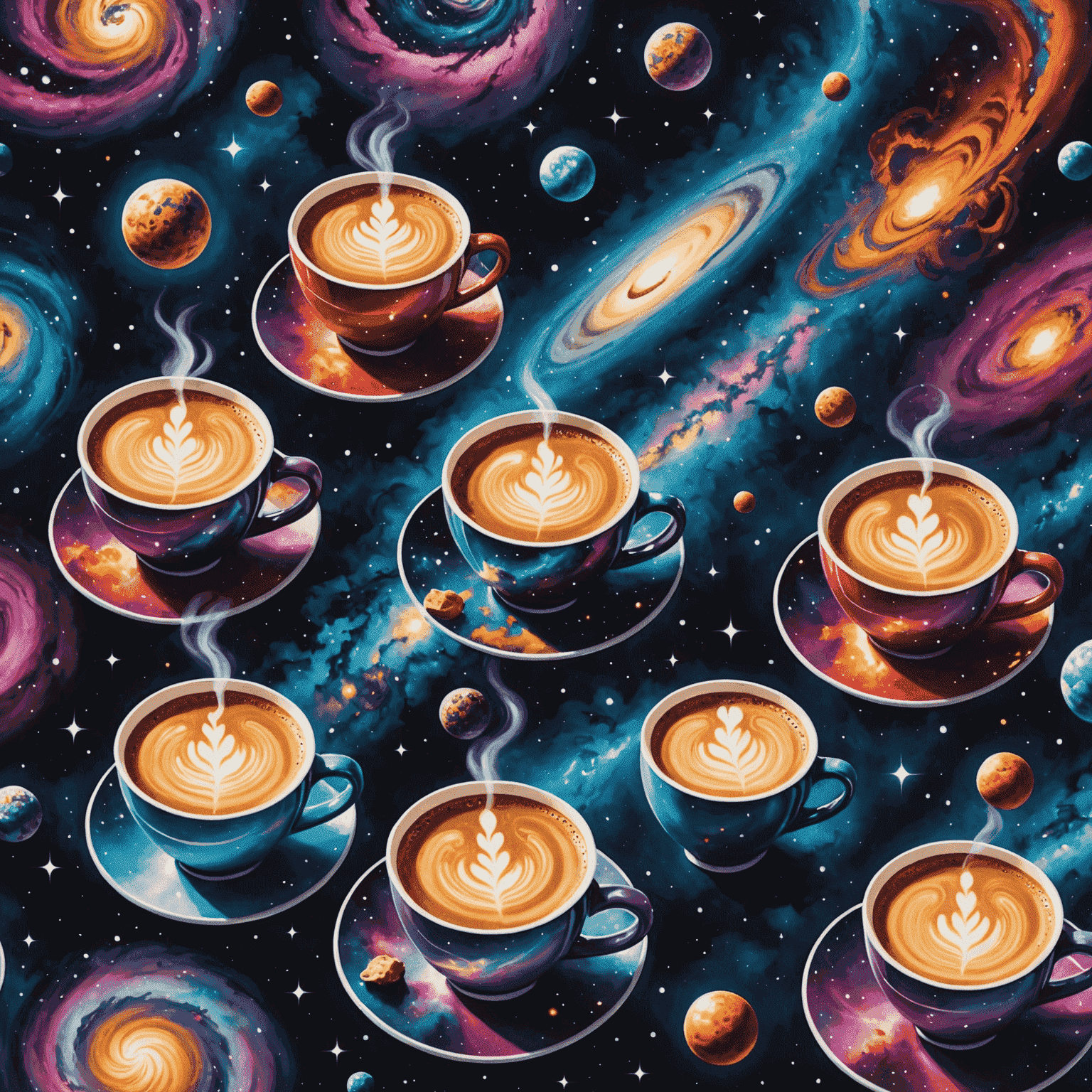 A cosmic scene with coffee cups floating in space, surrounded by stars and nebulae. The cups have spiral galaxy patterns on their surface, and steam trails resemble colorful nebulae.