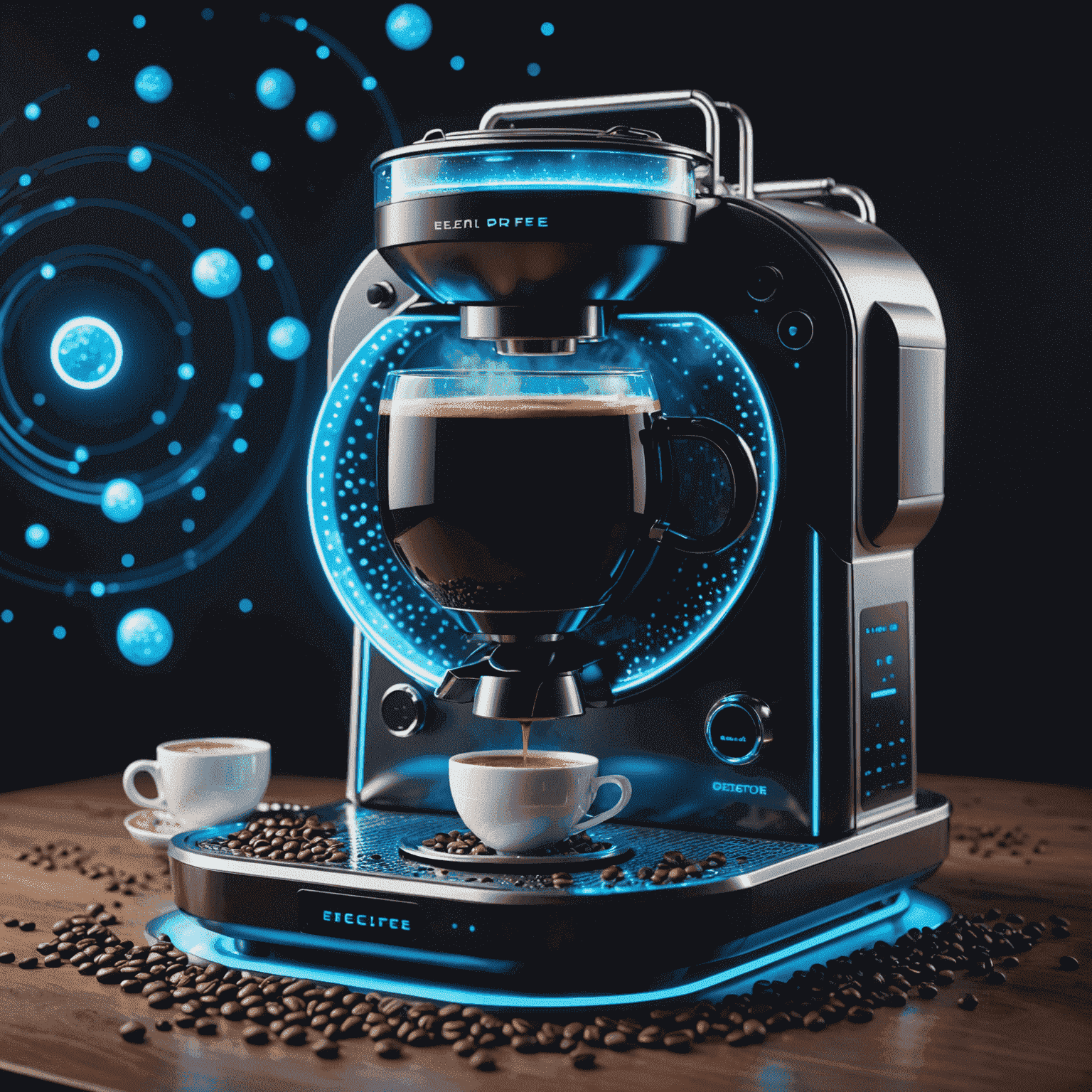 A futuristic coffee roasting machine with glowing blue lights and holographic displays, surrounded by floating coffee beans that look like small planets orbiting around it.