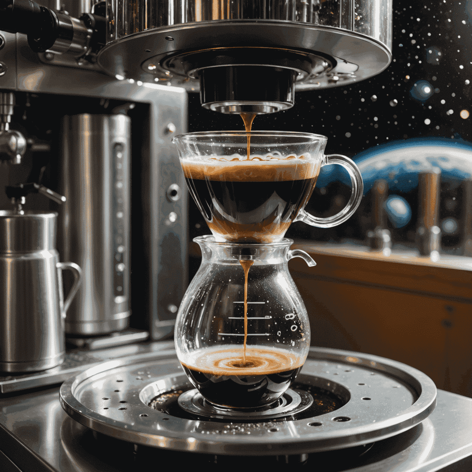 A close-up of coffee being brewed in a transparent, specialized space coffee maker. Bubbles of various sizes containing coffee and water are visible, with swirling patterns of grounds and liquid mixing in zero gravity. Stars can be seen in the background through the space station window.