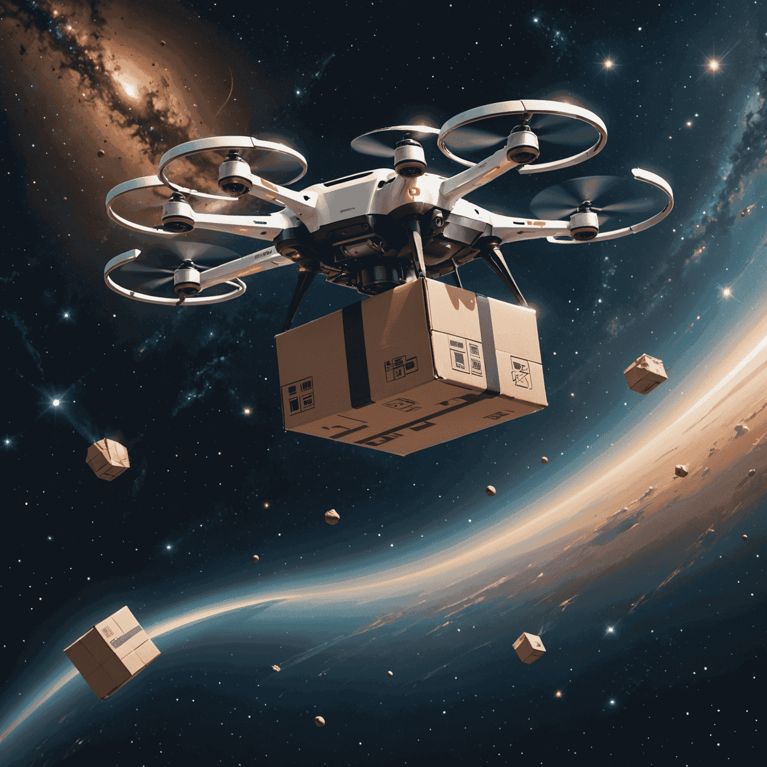 A futuristic delivery drone carrying a coffee package, leaving a trail of stardust as it flies through space