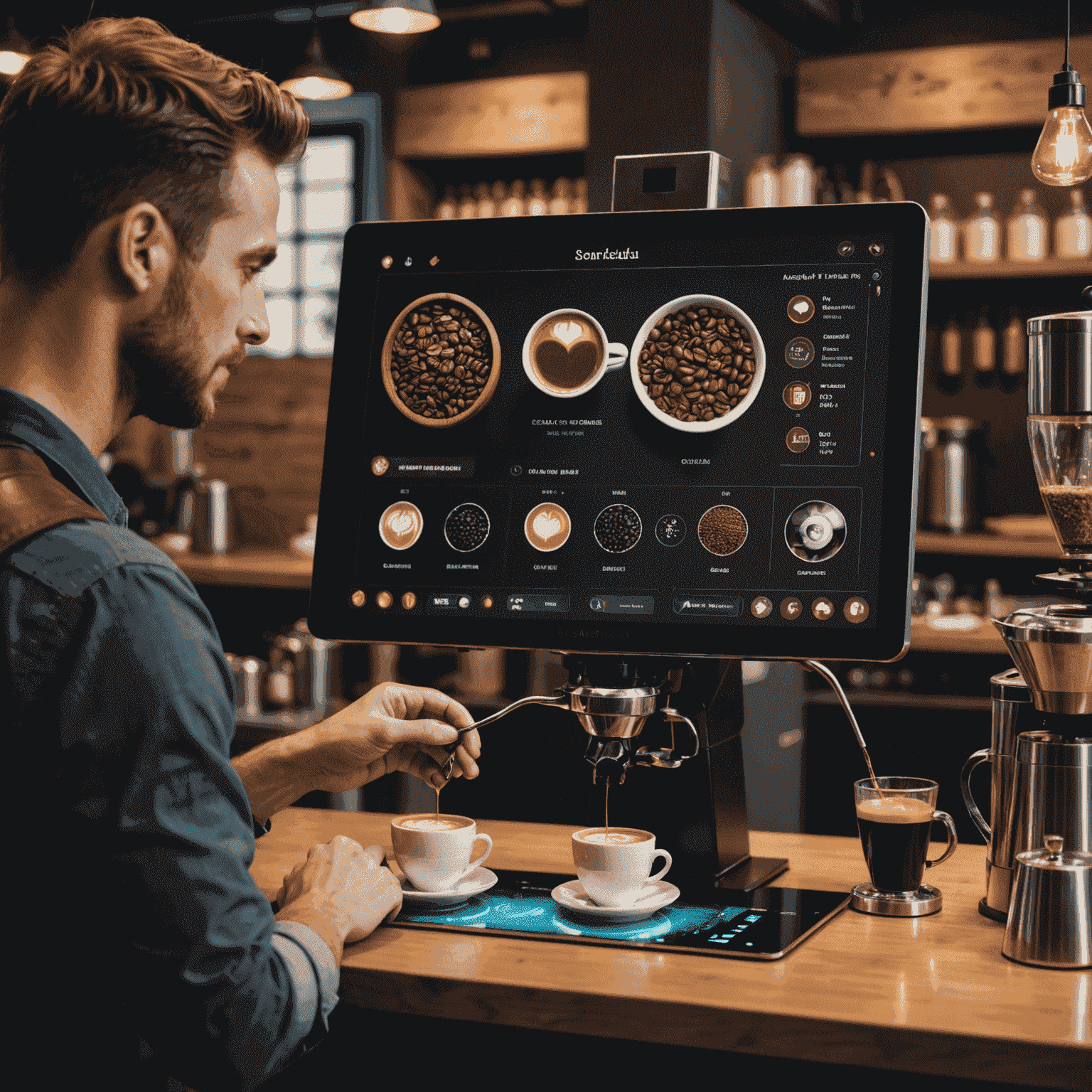 A holographic display showing various coffee beans and brewing methods, with a barista's hands interacting with the virtual interface