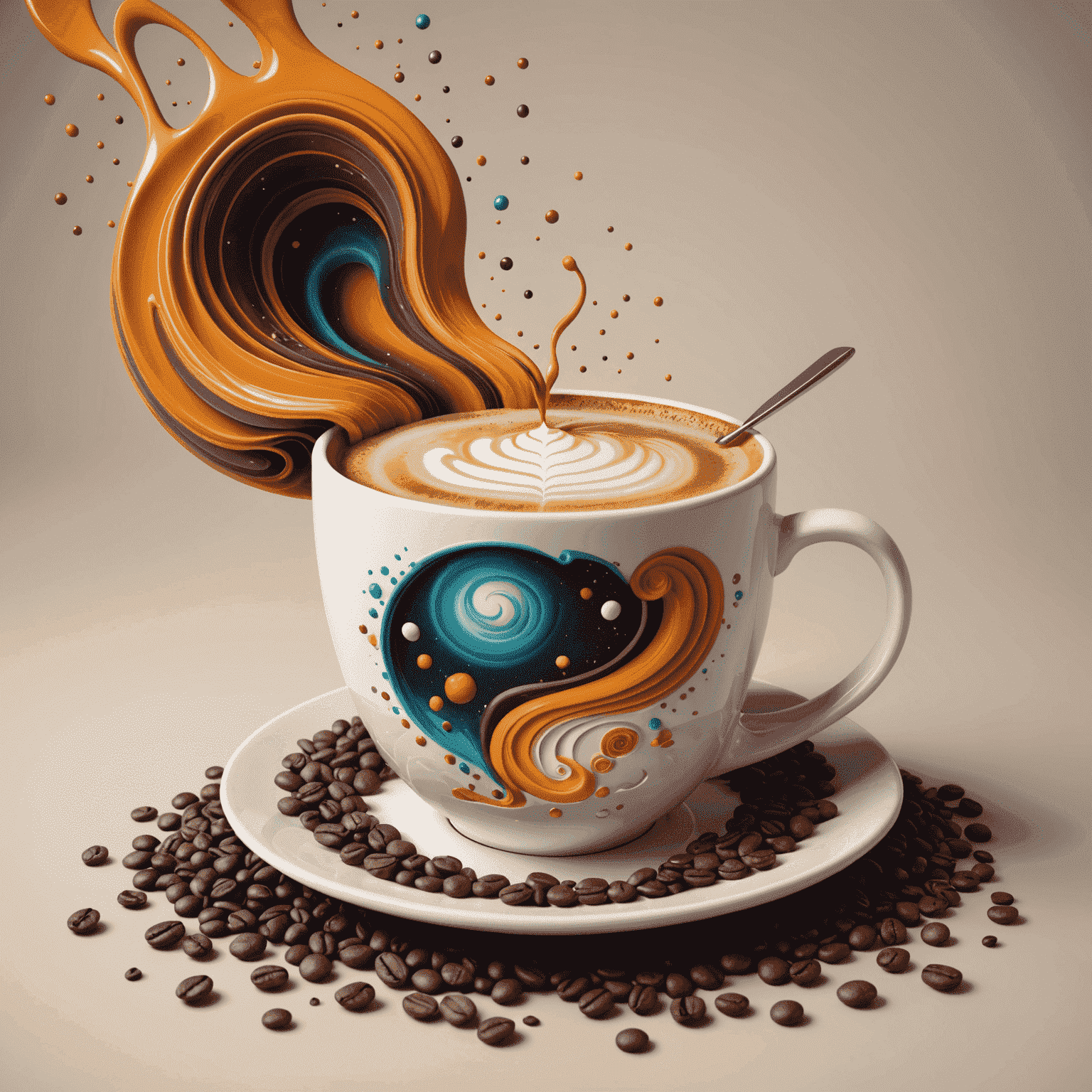 An interactive 3D model of a coffee cup surrounded by swirling flavors and cosmic elements, with sliders and buttons for customization