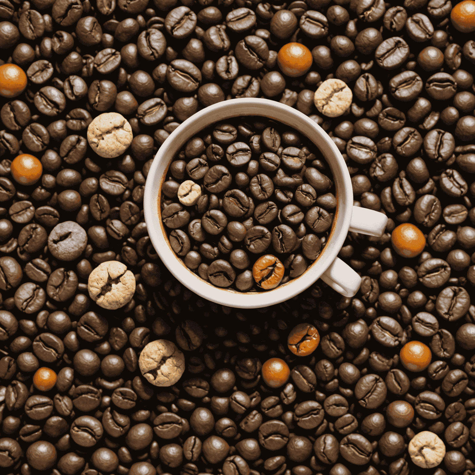 A diverse coffee blend with various bean colors and sizes, representing the asteroid belt
