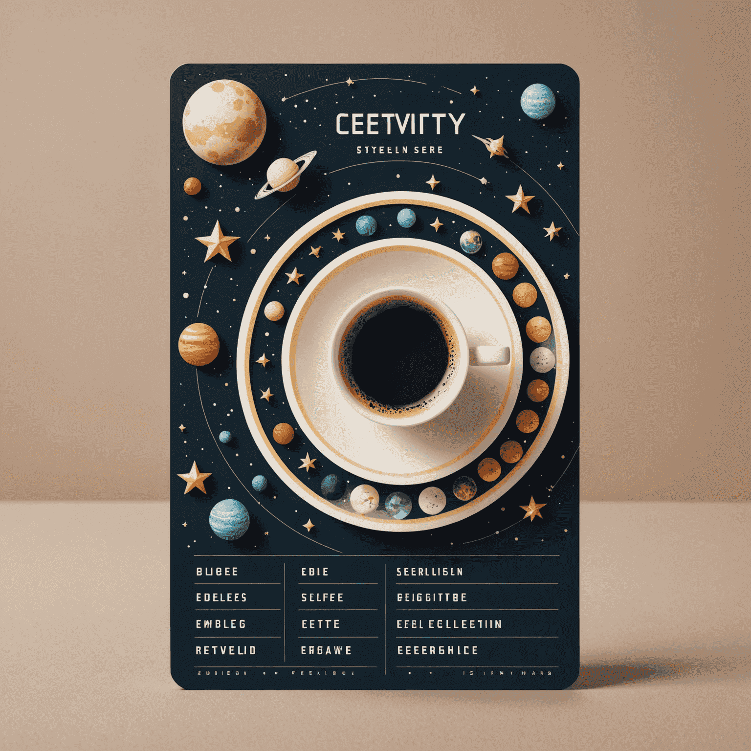 A loyalty card designed like a space fleet badge, with coffee cup constellations and a progress bar showing 'light years' earned