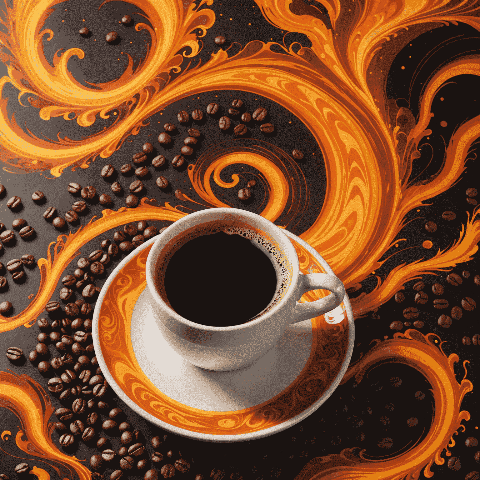 A bright, reddish-orange coffee blend with swirling patterns resembling solar flares
